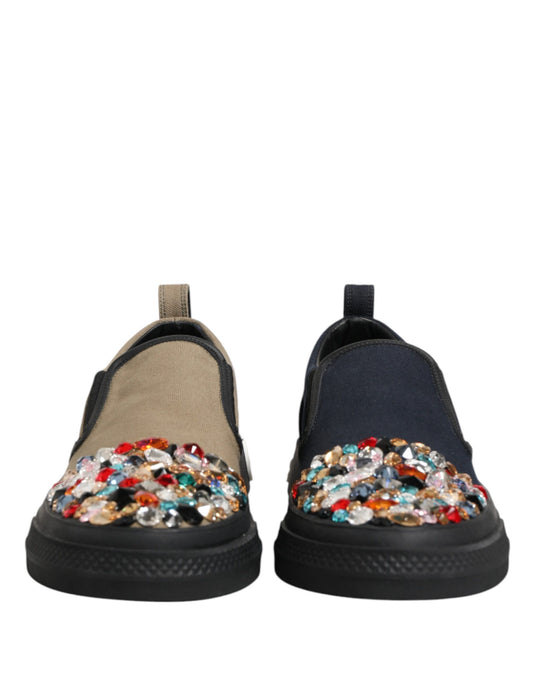 Dolce & Gabbana Blue Canvas Embellished Slip On Men Sneakers Shoes