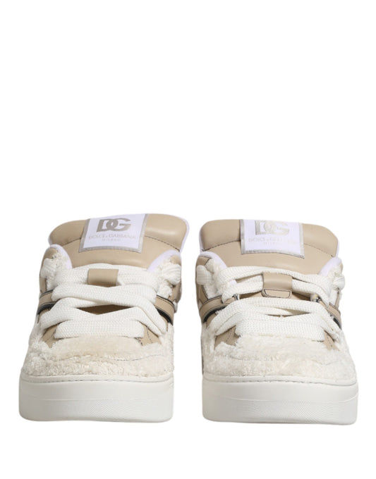 Dolce & Gabbana White Beige Faux Shearling Low Top Sneakers Shoes