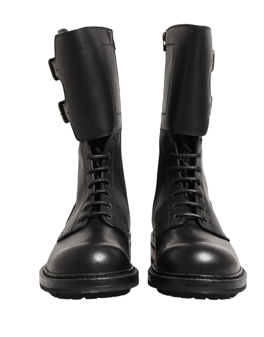 Dolce & Gabbana Black Leather Belted Buckle Combat Boots Shoes