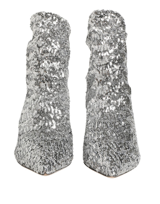 Dolce & Gabbana Silver Sequined Short Boots Stretch Shoes