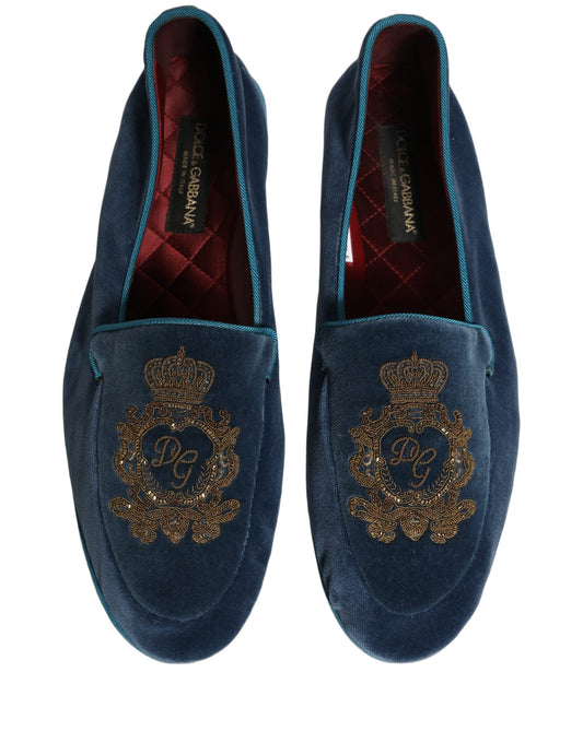 Dolce & Gabbana Blue Velvet Crown Embroidery Loafers Shoes