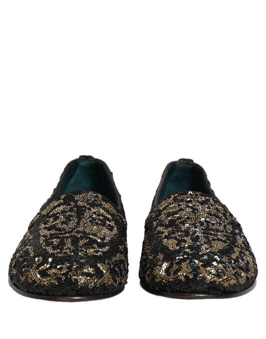 Dolce & Gabbana Black Gold Embellished Dress Loafers Shoes