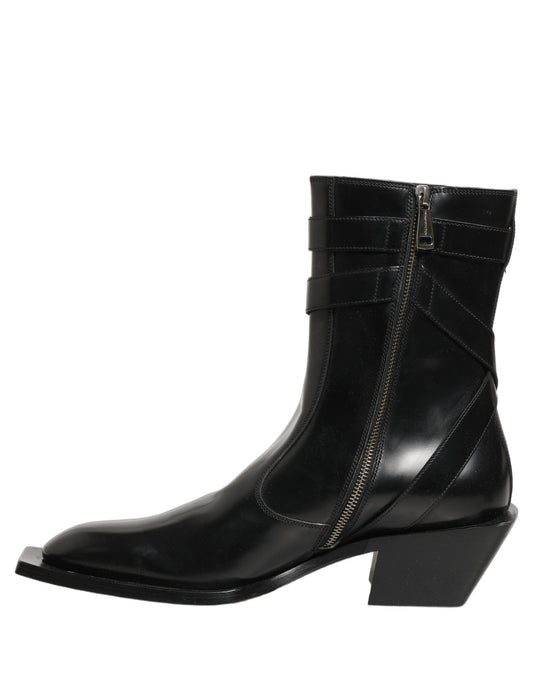 Dolce & Gabbana Black Leather DG Plaque Mid Calf Boots Shoes