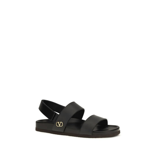 Valentino Garavani Black Calf Leather Bos Taurus Flat Sandals