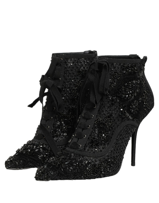 Dolce & Gabbana Black Embellished Mesh Ankle Boots Shoes