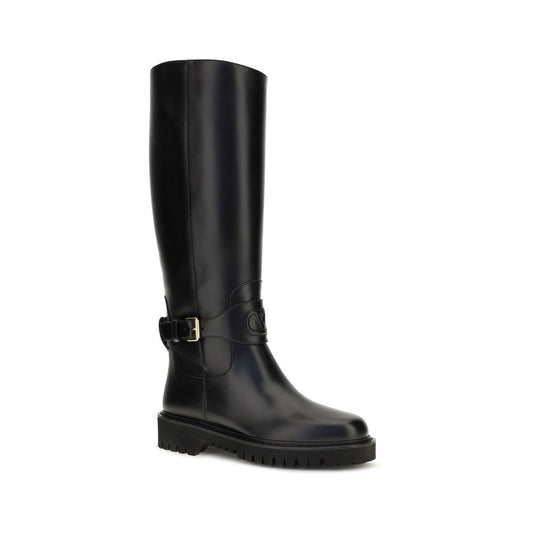 Valentino Garavani Black Calf Leather Bos Taurus Flat Boots