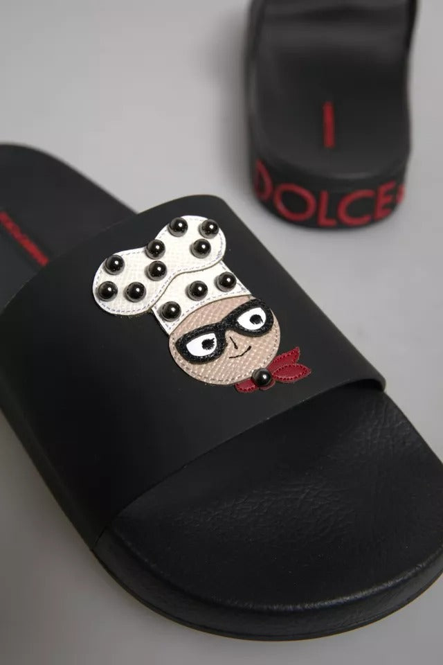 Dolce & Gabbana Black Leather Slides Sandals Beachwear Shoes