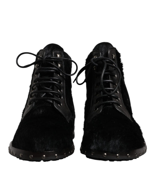 Dolce & Gabbana Black Pony Style Leather Mid Calf Boots Shoes