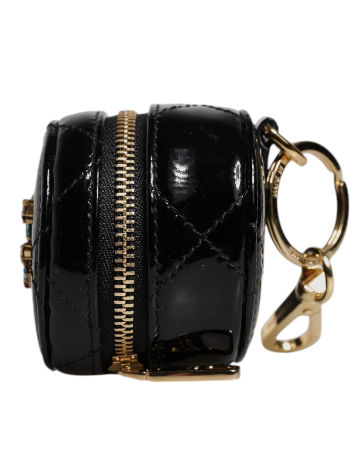 Dolce & Gabbana Black Lamb Leather DG Crystal Round Coin Purse Wallet