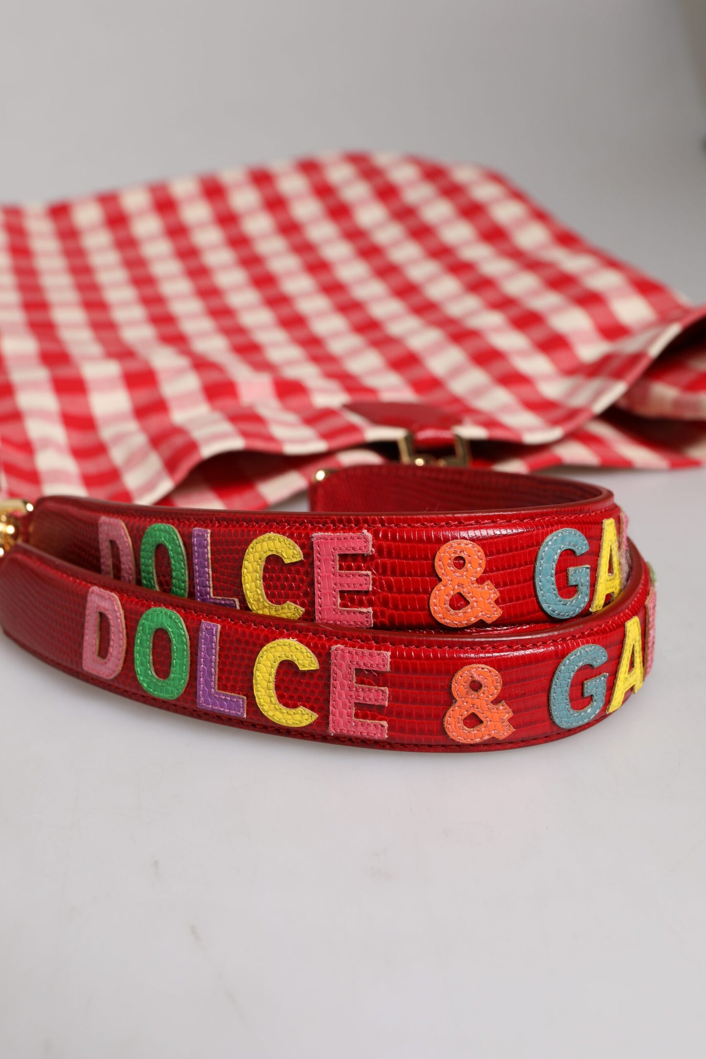 Dolce & Gabbana Red Checkered Embellished Shopping Tote Cotton Bag