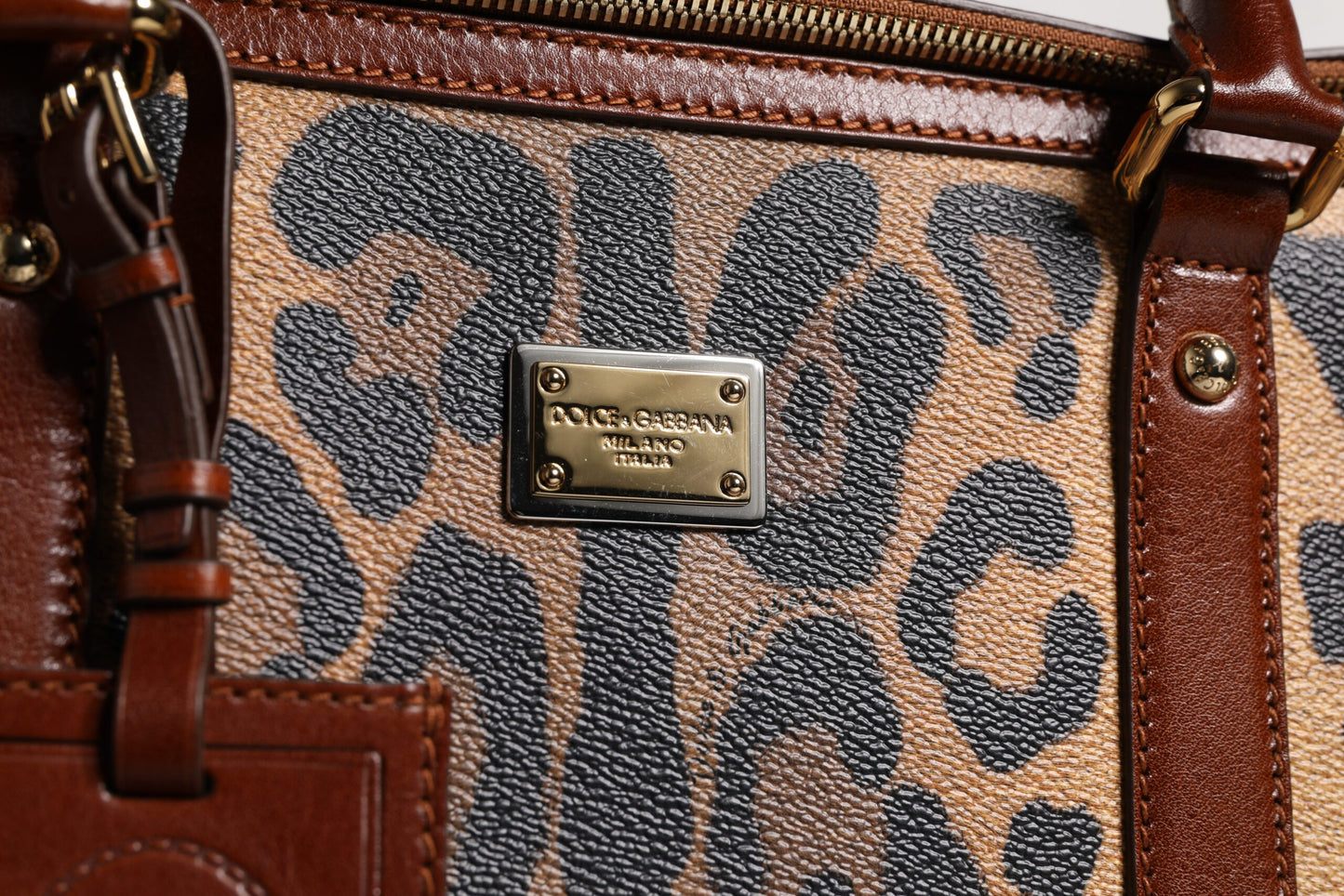 Dolce & Gabbana Brown Leopard Print Logo Plaque Top Handle Handbag Bag