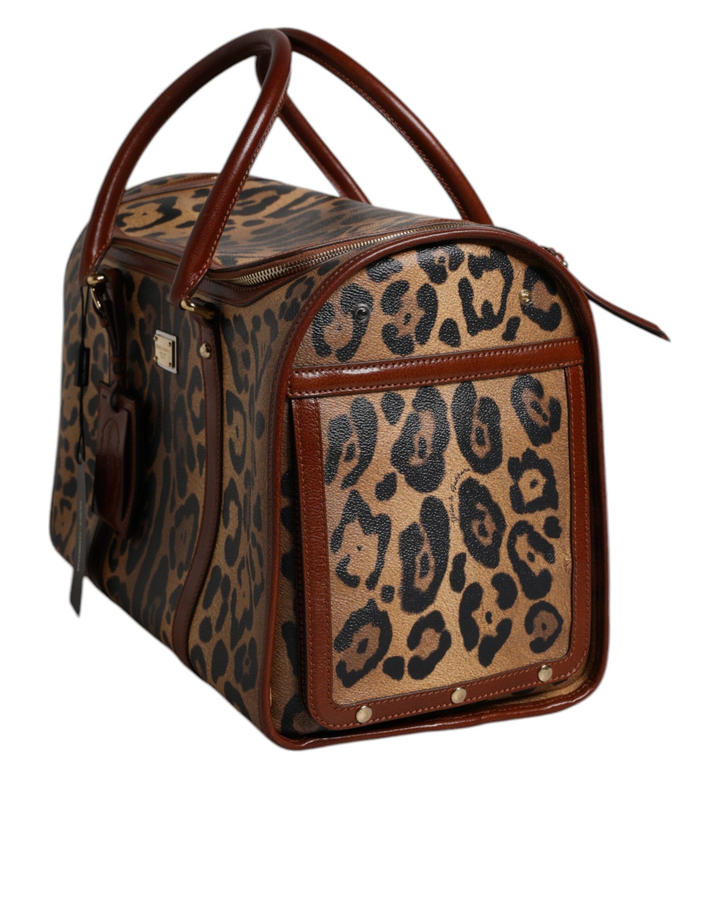 Dolce & Gabbana Brown Leopard Print Logo Plaque Top Handle Handbag Bag