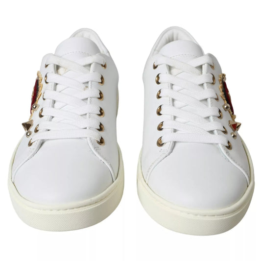 Dolce & Gabbana White Leather Gold Red Heart Sneakers Shoes