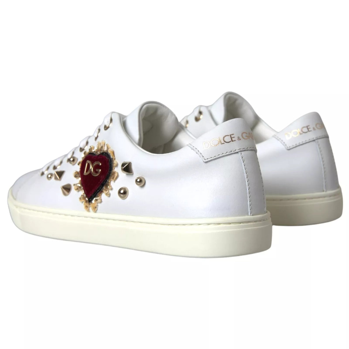 Dolce & Gabbana White Leather Gold Red Heart Sneakers Shoes