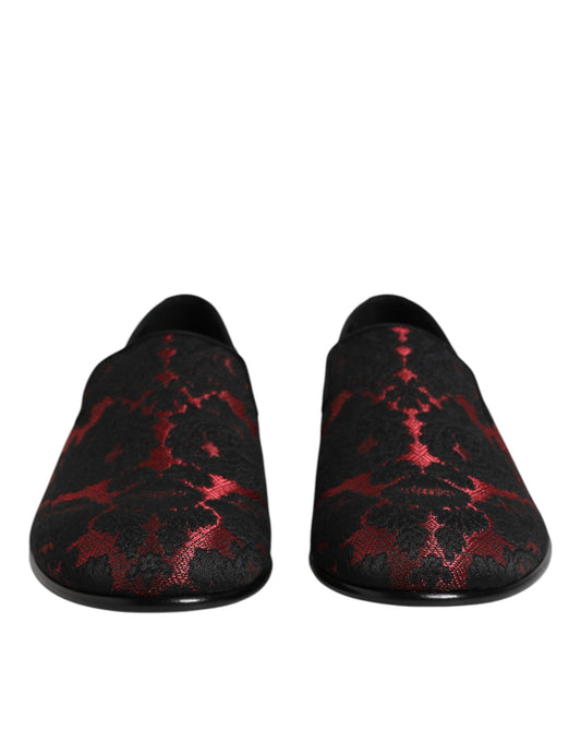 Dolce & Gabbana Red Black Jacquard Slip On Loafers Shoes