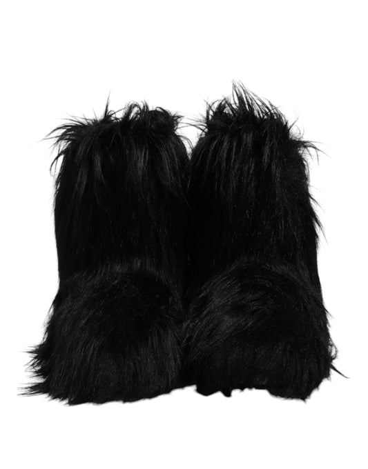 Dolce & Gabbana Black Faux Fur Mid Calf Boots Shoes