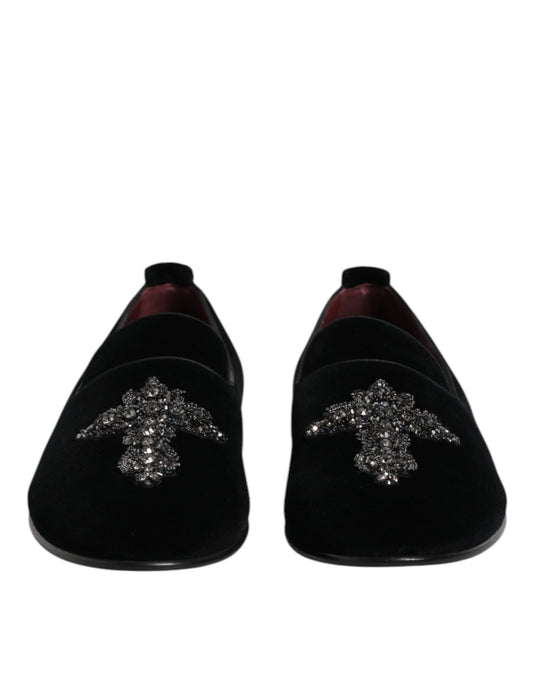 Dolce & Gabbana Black Velvet Embellished Loafer Slip On Shoes