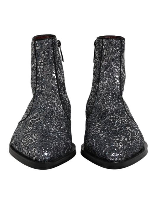 Dolce & Gabbana Dark Gray Cotton Sequined Chelsea Boots Shoes