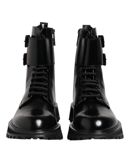 Dolce & Gabbana Black Leather Lace Up Mid Calf Boots Shoes