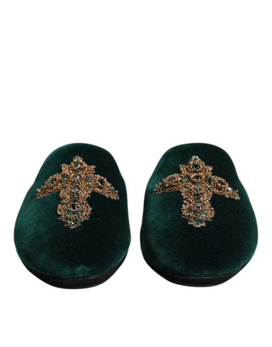 Dolce & Gabbana Green Velvet Cross Embellished Slippers Shoes