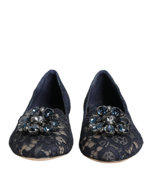 Dolce & Gabbana Blue Taormina Lace Crystals Flats Shoes