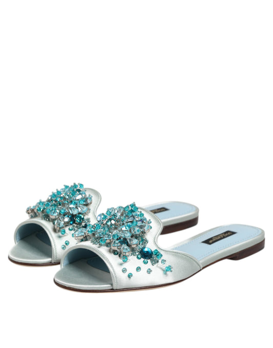 Dolce & Gabbana Silver Blue Leather Bead Embellish Slide Shoes