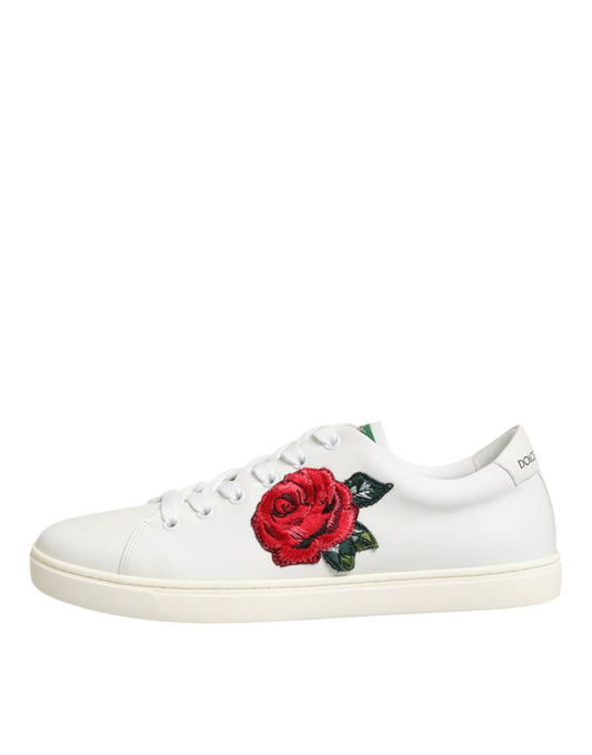 Dolce & Gabbana White Leather Rose Embroidery Low-Top Shoes