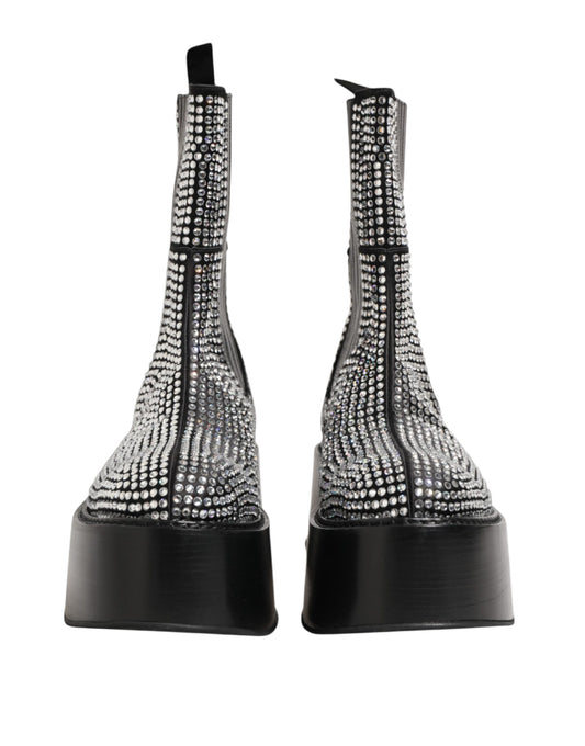 Dolce & Gabbana Black Crystal Strass Mid Calf Short Boots Shoes