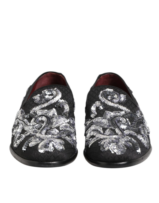 Dolce & Gabbana Black Silver Sequined Loafers Men Dress Shoes