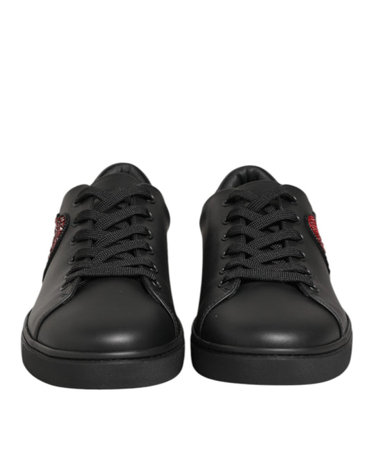 Dolce & Gabbana Black Leather Crystal Heart Sneakers Shoes
