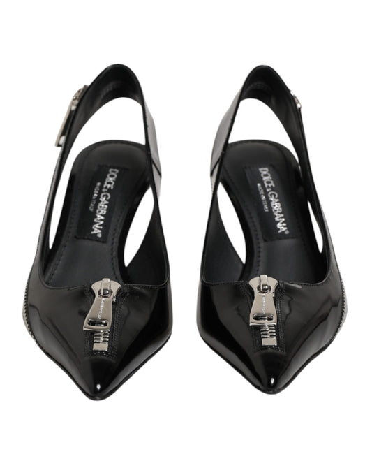 Dolce & Gabbana Black Zipper Leather Heels Slingbacks Shoes