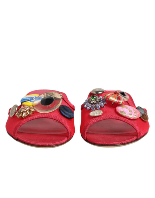Dolce & Gabbana Red Embellished Flats Slip On Sandals Shoes
