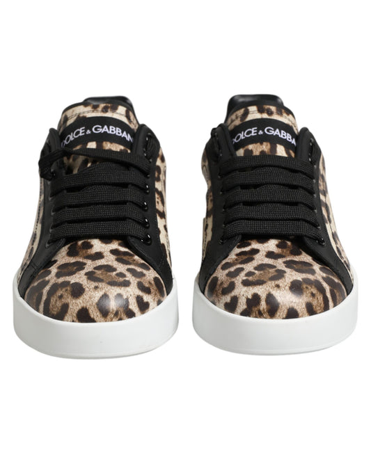 Dolce & Gabbana Brown Leather Leopard Low Top Sneakers Shoes
