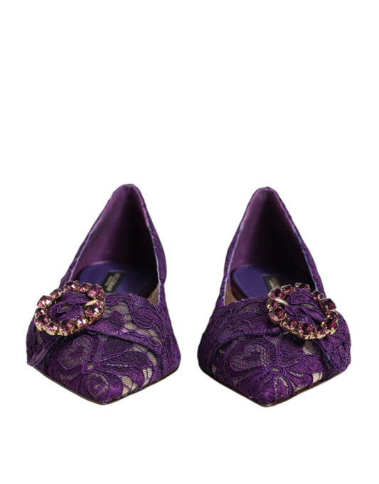 Dolce & Gabbana Purple Taormina Lace Crystals Flats Shoes