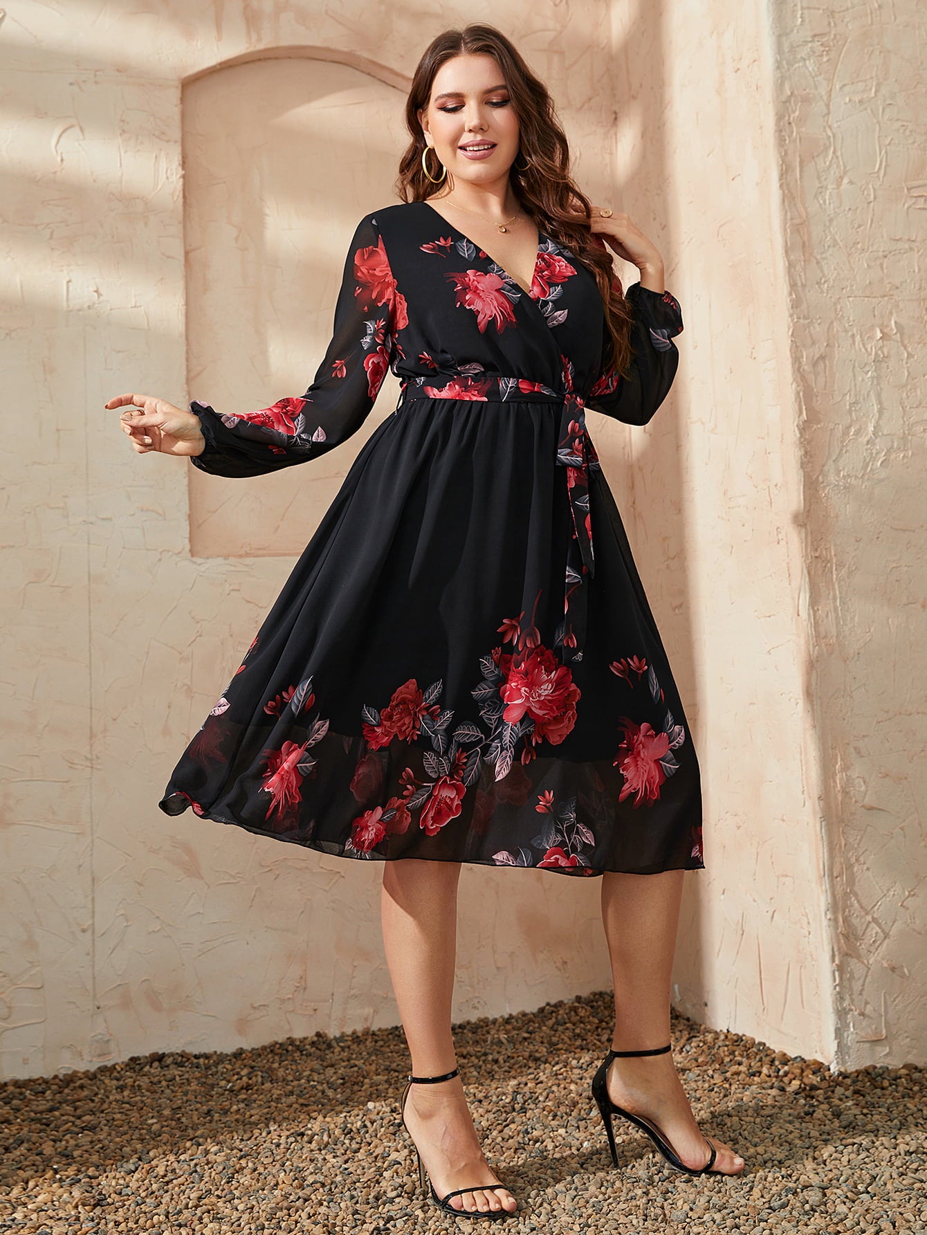 Floral Surplice Neck Tie Waist Dress