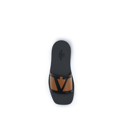 Valentino Garavani Black Calf Leather Bos Taurus Flat Sandals