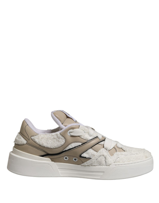 Dolce & Gabbana White Beige Faux Shearling Low Top Sneakers Shoes