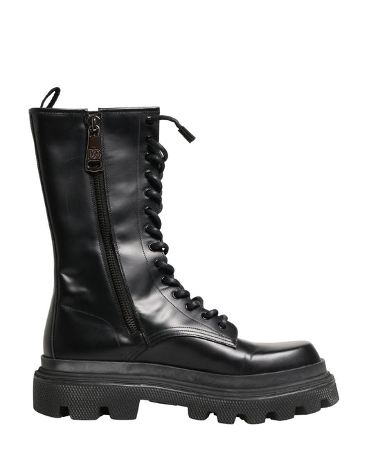 Dolce & Gabbana Black Leather Trek Sole Combat Boots Shoes