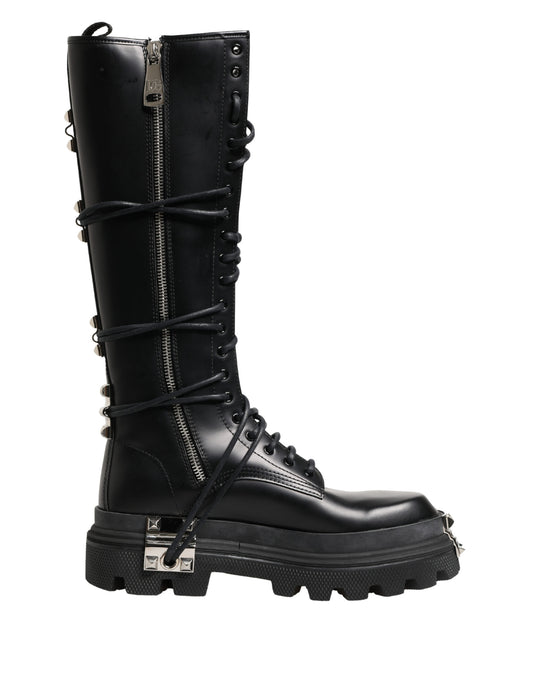 Dolce & Gabbana Black Leather Knee High Combat Boots Shoes