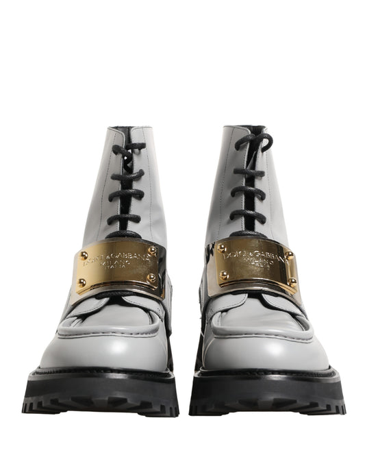 Dolce & Gabbana Gray Leather Logo Plaque Ankle Boots Shoes