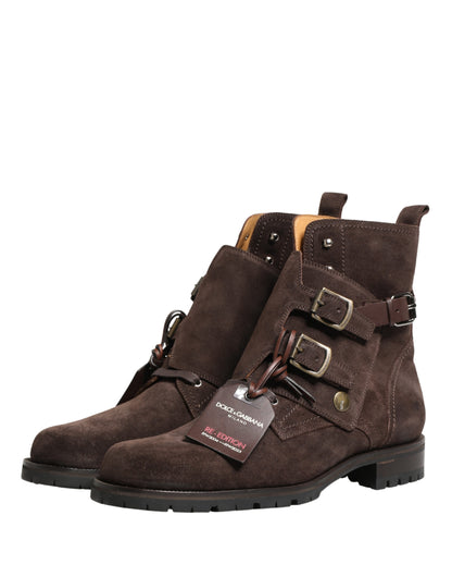 Dolce & Gabbana Brown Suede Leather Buckle Ankle Boots Shoes