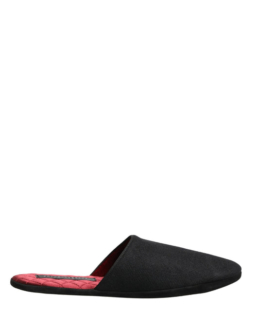 Dolce & Gabbana Black Wool Cashmere Red Quilted Slippers Shoes