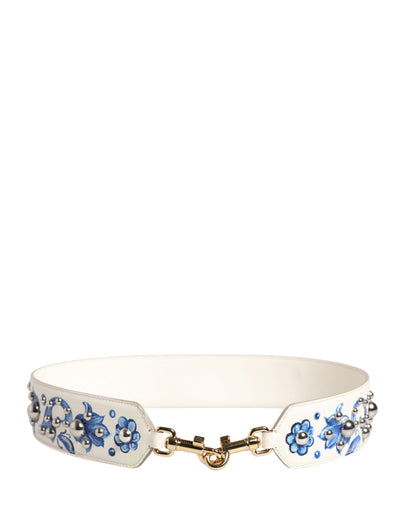 Dolce & Gabbana White Blue Floral Leather Stud Accessory Shoulder Strap