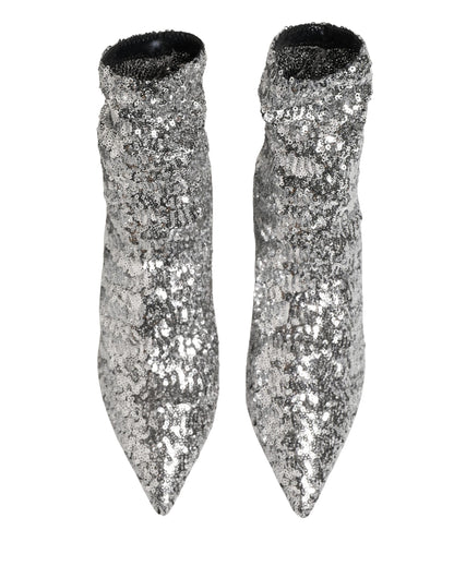 Dolce & Gabbana Silver Sequined Short Boots Stretch Shoes
