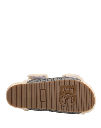 Dolce & Gabbana Beige Faux Fur Logo Print Flats Sandals Shoes