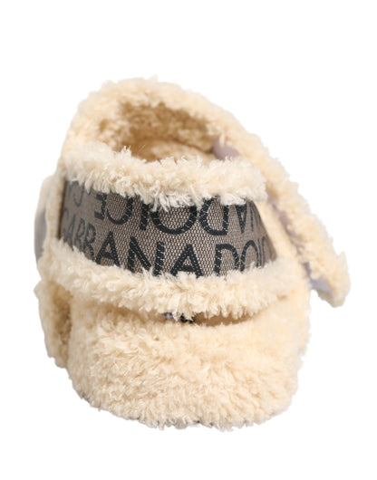 Dolce & Gabbana Beige Faux Fur Logo Print Flats Sandals Shoes
