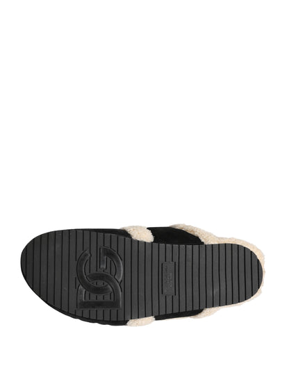 Dolce & Gabbana Beige Black Faux Fur Flats Men Sandals Shoes