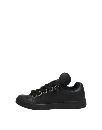 Dolce & Gabbana Black Leather Low Top Portofino Sneakers Shoes