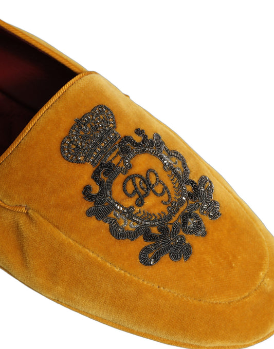 Dolce & Gabbana Yellow Velvet Crown Embroidery Loafers Shoes