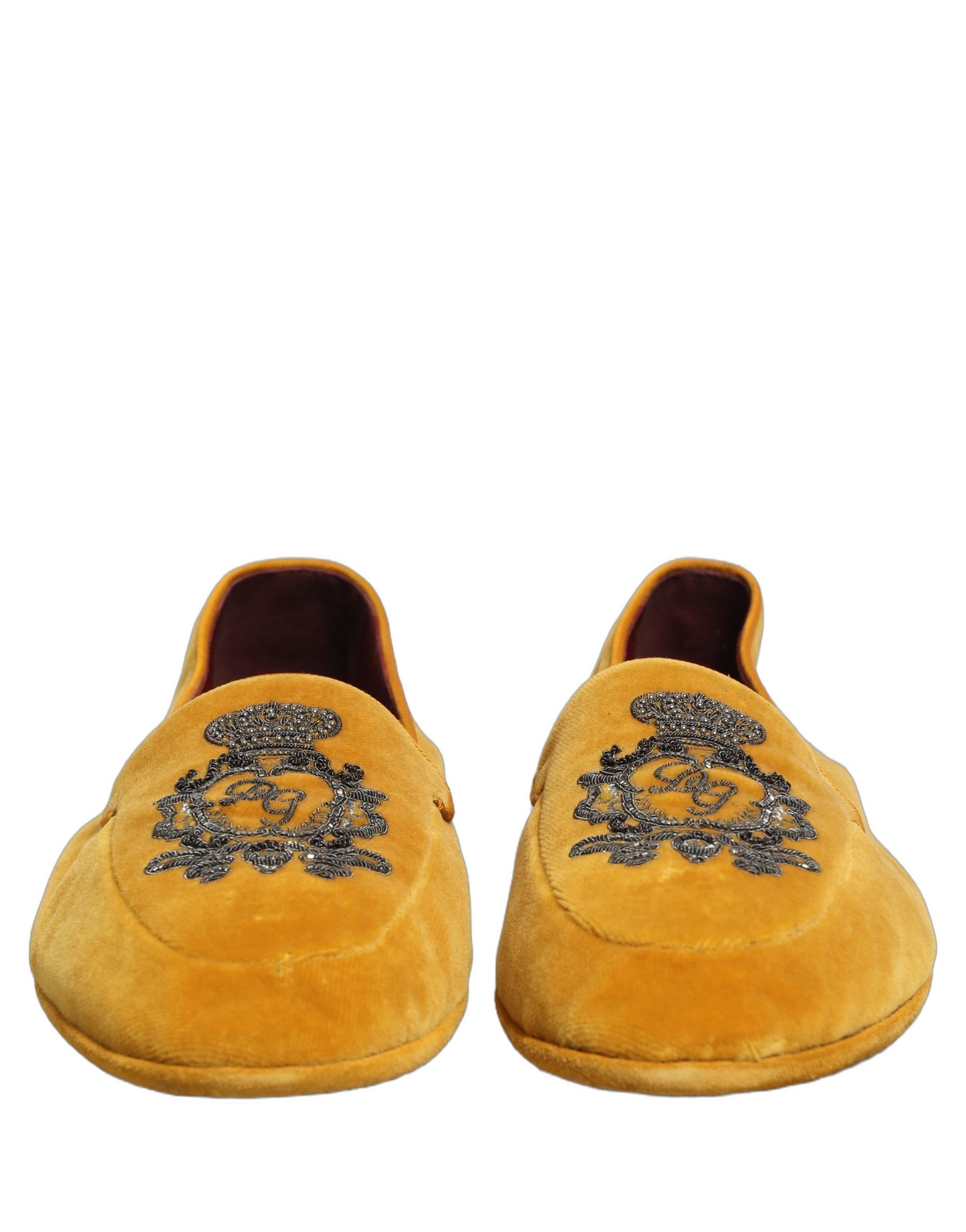 Dolce & Gabbana Yellow Velvet Crown Embroidery Loafers Shoes